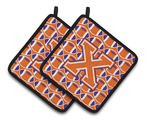 CJ1072-XPTHD Letter X Football Orange, White & Regalia Pair of Pot Holders, 7.5 x 3 x 7.5 in.