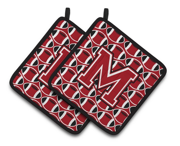CJ1073-MPTHD Letter M Football Red, Black & White Pair of Pot Holders, 7.5 x 3 x 7.5 in.