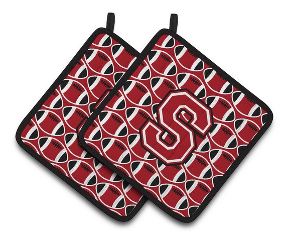 CJ1073-SPTHD Letter S Football Red, Black & White Pair of Pot Holders, 7.5 x 3 x 7.5 in.