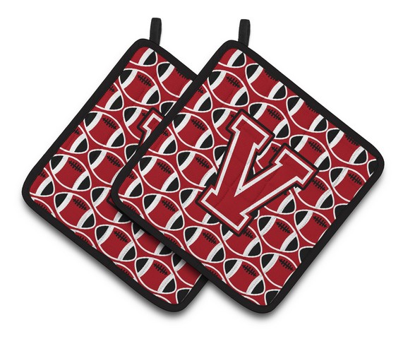 CJ1073-VPTHD Letter V Football Red, Black & White Pair of Pot Holders, 7.5 x 3 x 7.5 in.