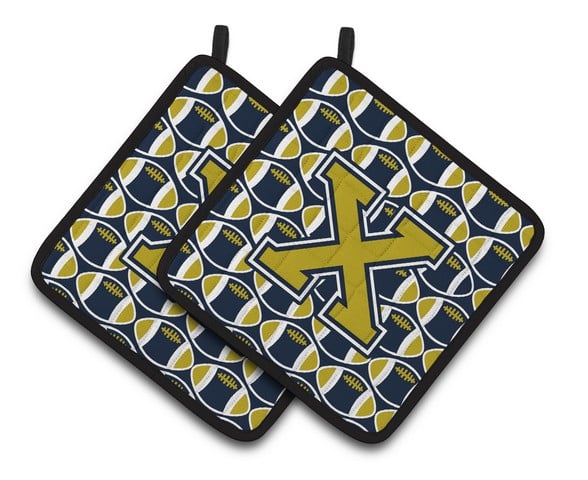 CJ1074-XPTHD Letter X Football Blue & Gold Pair of Pot Holders, 7.5 x 3 x 7.5 in.