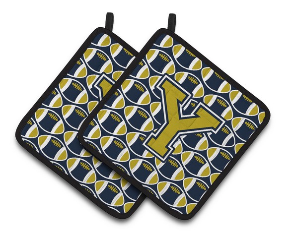 CJ1074-YPTHD Letter Y Football Blue & Gold Pair of Pot Holders, 7.5 x 3 x 7.5 in.