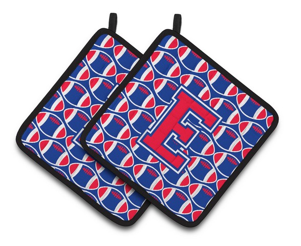 CJ1076-EPTHD Letter E Football Harvard Crimson & Yale Blue Pair of Pot Holders, 7.5 x 3 x 7.5 in.