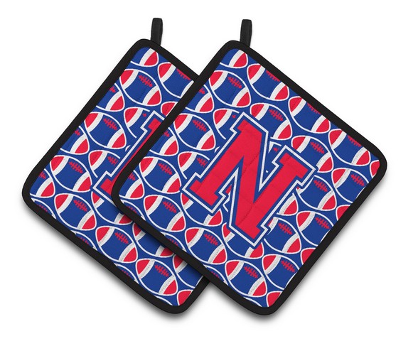 CJ1076-NPTHD Letter N Football Harvard Crimson & Yale Blue Pair of Pot Holders, 7.5 x 3 x 7.5 in.