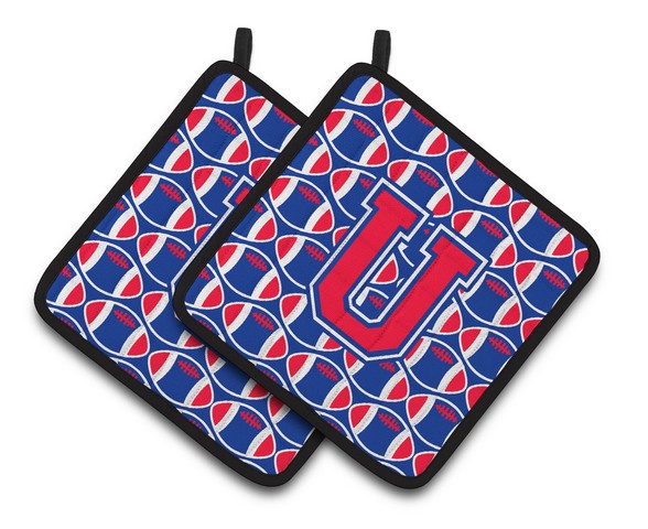 CJ1076-UPTHD Letter U Football Harvard Crimson & Yale Blue Pair of Pot Holders, 7.5 x 3 x 7.5 in.