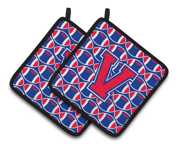 CJ1076-VPTHD Letter V Football Harvard Crimson & Yale Blue Pair of Pot Holders, 7.5 x 3 x 7.5 in.
