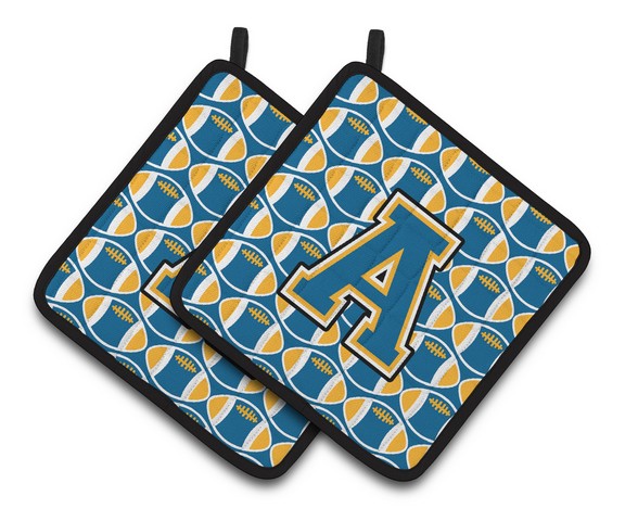 CJ1077-APTHD Letter A Football Blue & Gold Pair of Pot Holders, 7.5 x 3 x 7.5 in.