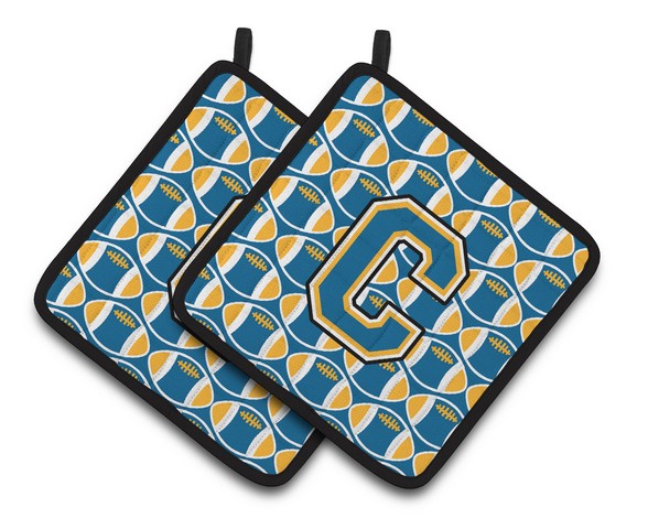 CJ1077-CPTHD Letter C Football Blue & Gold Pair of Pot Holders, 7.5 x 3 x 7.5 in.