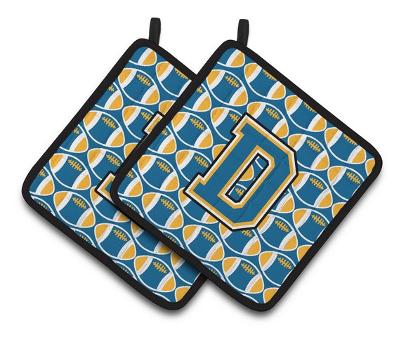 CJ1077-DPTHD Letter D Football Blue & Gold Pair of Pot Holders, 7.5 x 3 x 7.5 in.