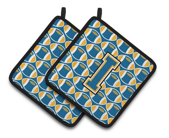 CJ1077-IPTHD Letter I Football Blue & Gold Pair of Pot Holders, 7.5 x 3 x 7.5 in.