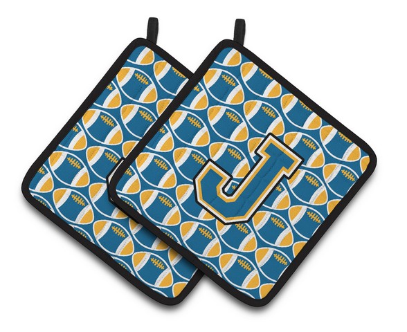 Letter J Football Blue & Gold Pair of Pot Holders
