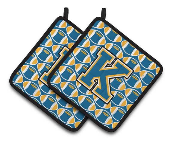 CJ1077-KPTHD Letter K Football Blue & Gold Pair of Pot Holders, 7.5 x 3 x 7.5 in.