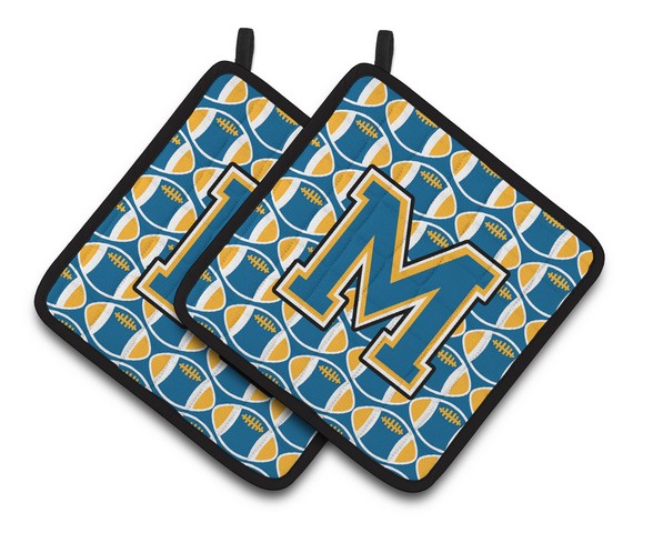 CJ1077-MPTHD Letter M Football Blue & Gold Pair of Pot Holders, 7.5 x 3 x 7.5 in.