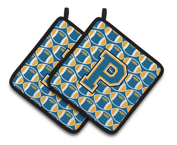 CJ1077-PPTHD Letter P Football Blue & Gold Pair of Pot Holders, 7.5 x 3 x 7.5 in.
