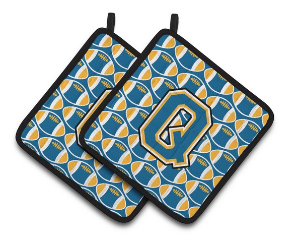 CJ1077-QPTHD Letter Q Football Blue & Gold Pair of Pot Holders, 7.5 x 3 x 7.5 in.