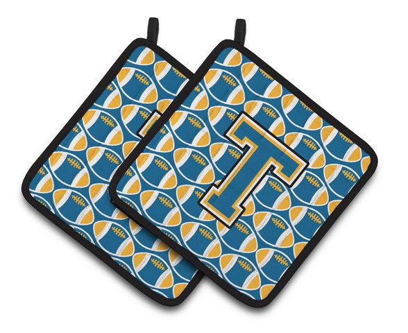 CJ1077-TPTHD Letter T Football Blue & Gold Pair of Pot Holders, 7.5 x 3 x 7.5 in.