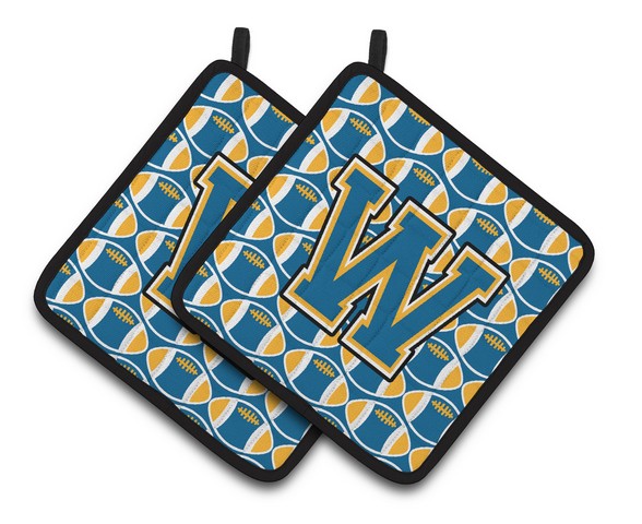 CJ1077-WPTHD Letter W Football Blue & Gold Pair of Pot Holders, 7.5 x 3 x 7.5 in.