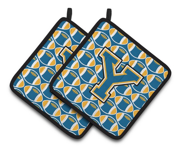 Letter Y Football Blue & Gold Pair of Pot Holders