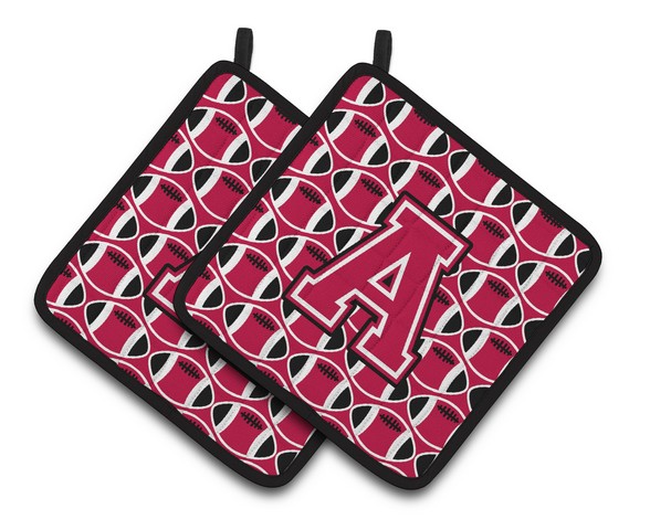 CJ1079-APTHD Letter A Football Crimson & White Pair of Pot Holders, 7.5 x 3 x 7.5 in.