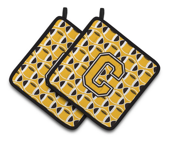 CJ1080-CPTHD Letter C Football Black, Old Gold & White Pair of Pot Holders, 7.5 x 3 x 7.5 in.