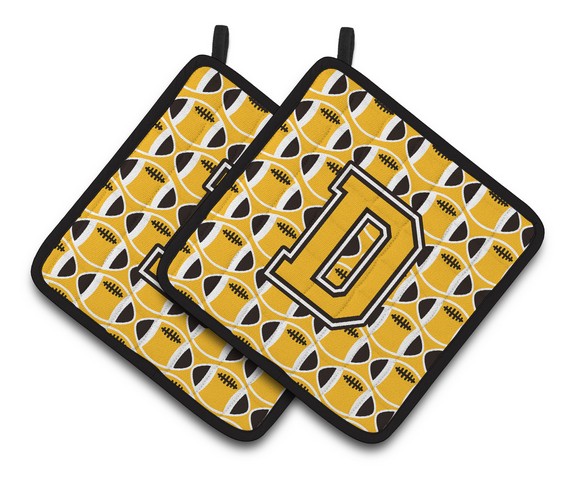 CJ1080-DPTHD Letter D Football Black, Old Gold & White Pair of Pot Holders, 7.5 x 3 x 7.5 in.