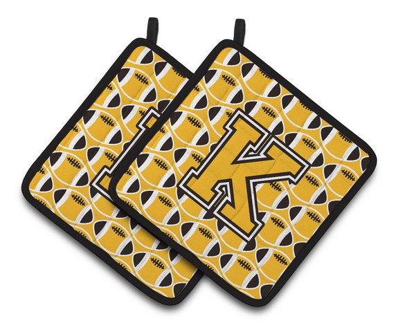 CJ1080-KPTHD Letter K Football Black, Old Gold & White Pair of Pot Holders, 7.5 x 3 x 7.5 in.