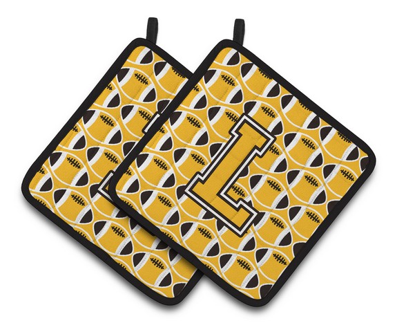 CJ1080-LPTHD Letter L Football Black, Old Gold & White Pair of Pot Holders, 7.5 x 3 x 7.5 in.