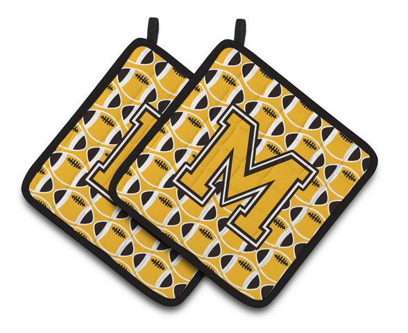 CJ1080-MPTHD Letter M Football Black, Old Gold & White Pair of Pot Holders, 7.5 x 3 x 7.5 in.