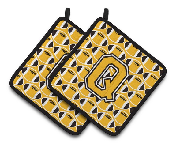 CJ1080-QPTHD Letter Q Football Black, Old Gold & White Pair of Pot Holders, 7.5 x 3 x 7.5 in.