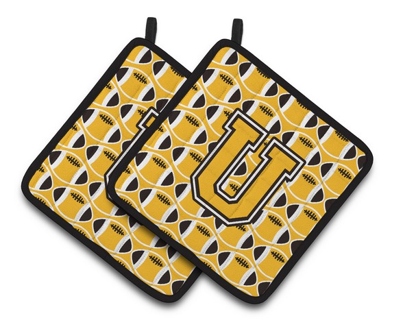 CJ1080-UPTHD Letter U Football Black, Old Gold & White Pair of Pot Holders, 7.5 x 3 x 7.5 in.