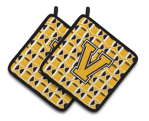 CJ1080-VPTHD Letter V Football Black, Old Gold & White Pair of Pot Holders, 7.5 x 3 x 7.5 in.
