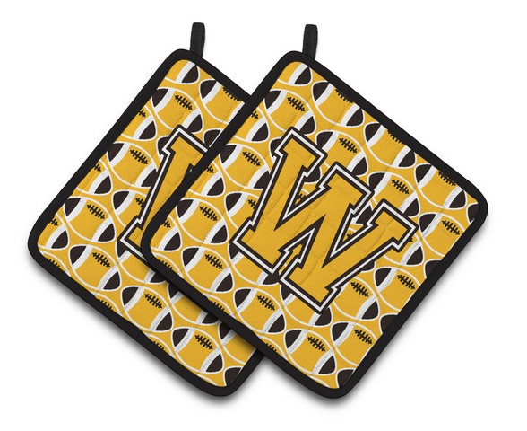 CJ1080-WPTHD Letter W Football Black, Old Gold & White Pair of Pot Holders, 7.5 x 3 x 7.5 in.