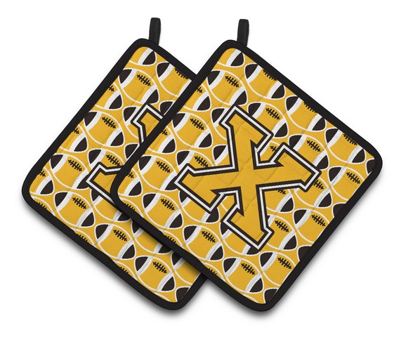 CJ1080-XPTHD Letter X Football Black, Old Gold & White Pair of Pot Holders, 7.5 x 3 x 7.5 in.