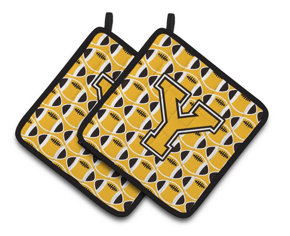CJ1080-YPTHD Letter Y Football Black, Old Gold & White Pair of Pot Holders, 7.5 x 3 x 7.5 in.