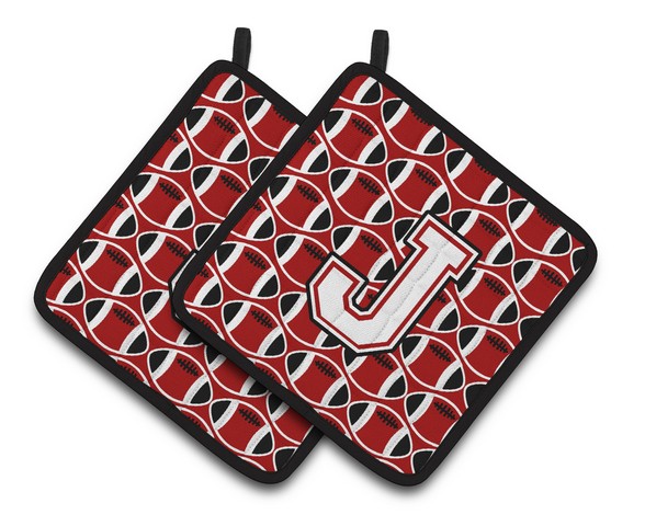 Letter J Football Cardinal & White Pair of Pot Holders - 7.5 x 3 x 7.5 in.