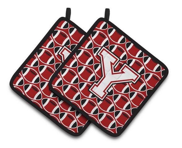 Letter Y Football Cardinal & White Pair of Pot Holders
