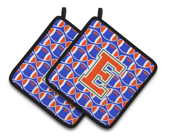 CJ1083-EPTHD Letter E Football Green, Blue & Orange Pair of Pot Holders, 7.5 x 3 x 7.5 in.