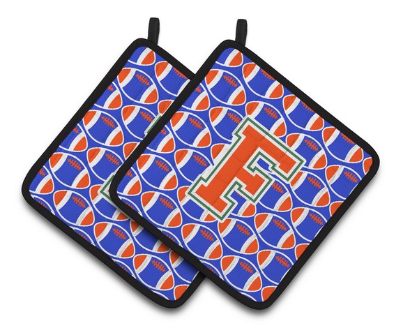 Letter F Football Green - Blue & Orange Pair of Pot Holders