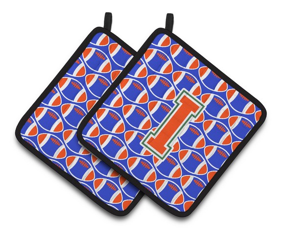 CJ1083-IPTHD Letter I Football Green, Blue & Orange Pair of Pot Holders, 7.5 x 3 x 7.5 in.