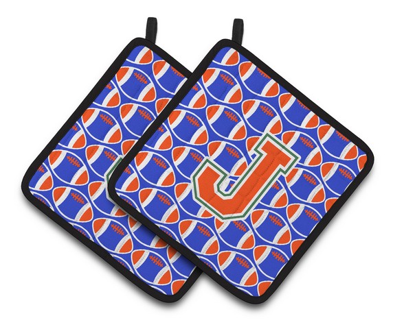 Letter J Football Green - Blue & Orange Pair of Pot Holders