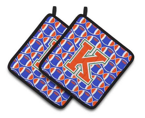 CJ1083-KPTHD Letter K Football Green, Blue & Orange Pair of Pot Holders, 7.5 x 3 x 7.5 in.