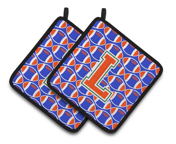 Letter L Football Green - Blue & Orange Pair of Pot Holders