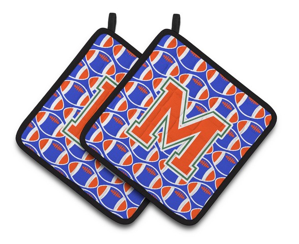 CJ1083-MPTHD Letter M Football Green, Blue & Orange Pair of Pot Holders, 7.5 x 3 x 7.5 in.