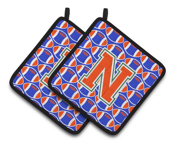 Letter N Football Green - Blue & Orange Pair of Pot Holders