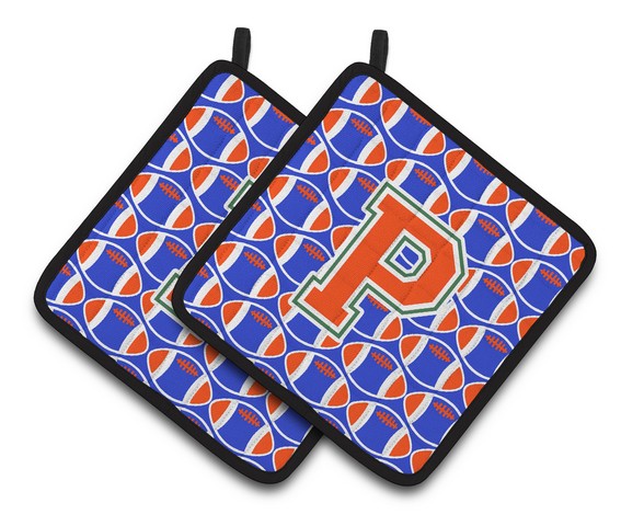 CJ1083-PPTHD Letter P Football Green, Blue & Orange Pair of Pot Holders, 7.5 x 3 x 7.5 in.