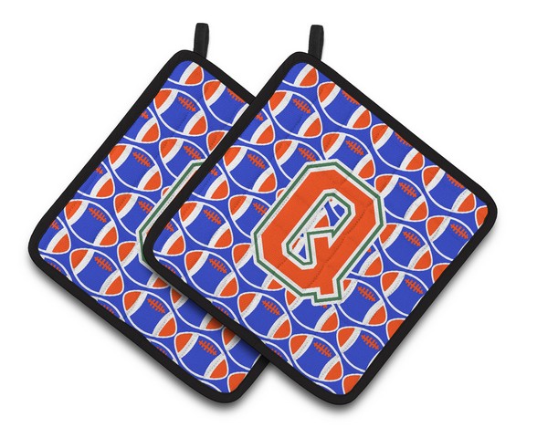 Letter Q Football Green - Blue & Orange Pair of Pot Holders - 7.5 x 3 x 7.5 in.