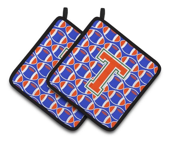 CJ1083-TPTHD Letter T Football Green, Blue & Orange Pair of Pot Holders, 7.5 x 3 x 7.5 in.
