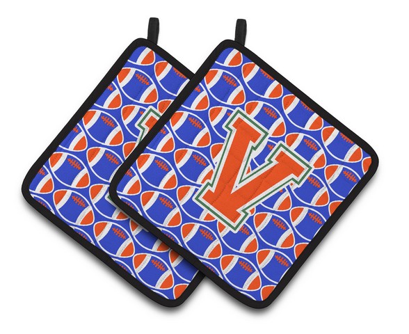 CJ1083-VPTHD Letter V Football Green, Blue & Orange Pair of Pot Holders, 7.5 x 3 x 7.5 in.