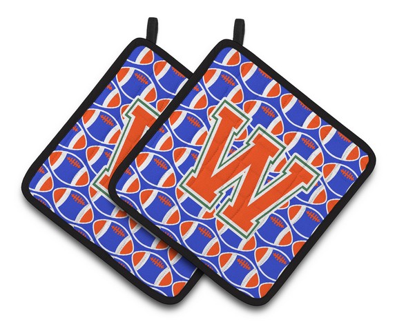 CJ1083-WPTHD Letter W Football Green, Blue & Orange Pair of Pot Holders, 7.5 x 3 x 7.5 in.