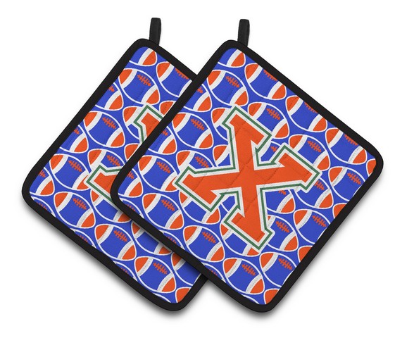 Letter X Football Green - Blue & Orange Pair of Pot Holders